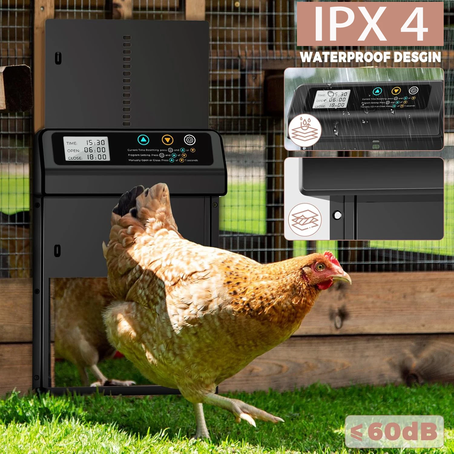 

Automatic Chicken Coop Door, Aluminum Alloy Auto Chicken Door with Anti-Pinch Design, Timer + LCD Display for Poultry Coops, Far