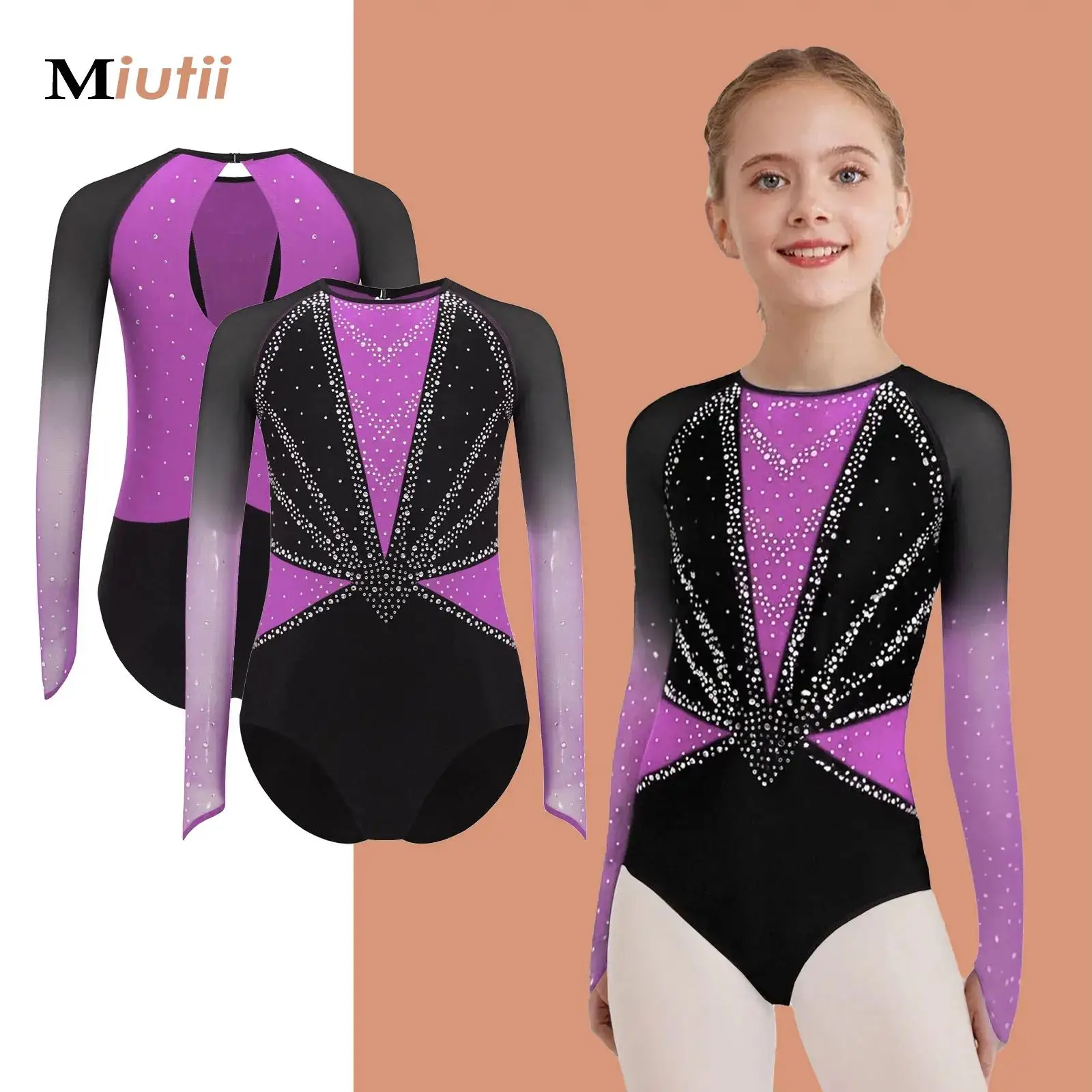 Kids Girls Mesh Long Sleeves Rhinestones Figure Skating Bodysuit Ballet Dance Leotard Rhythmic Gymnastics Performance Costume
