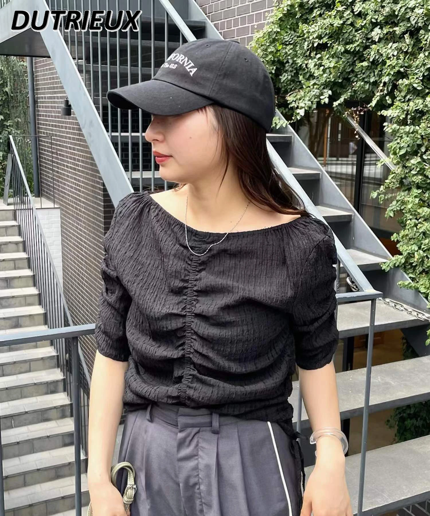 Japanese Style Minority Design Off-Neck Short-Sleeved Shirt Summer New Black Blouse All-Matching Drawstring Lace-up Top