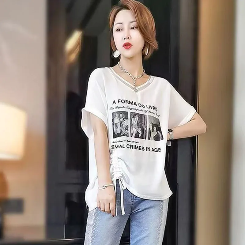 

Fashion V-Neck Printed Shirring Bandage Blouses Women's Clothing 2025 Summer New Loose Short Sleeve Casual Tops All-match Shirts