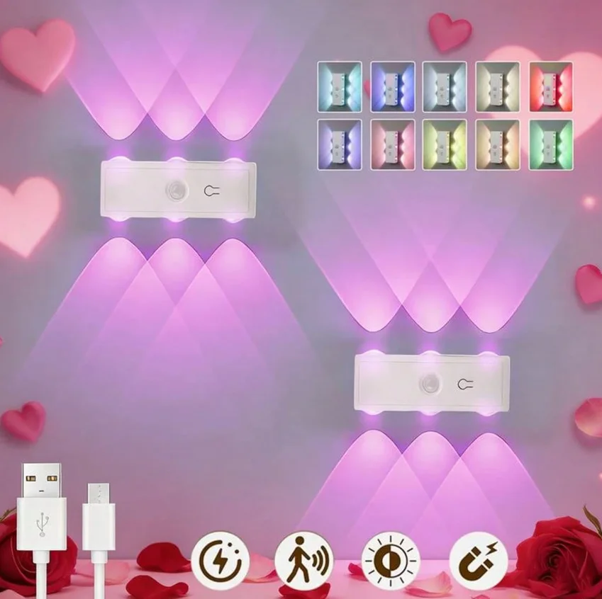 ナイトライトモーションセンサーダブルヘッド-led-キャビネットランプ充電式-rgb-グラデーションウォールランプ磁気寝室のクローゼットの装飾用