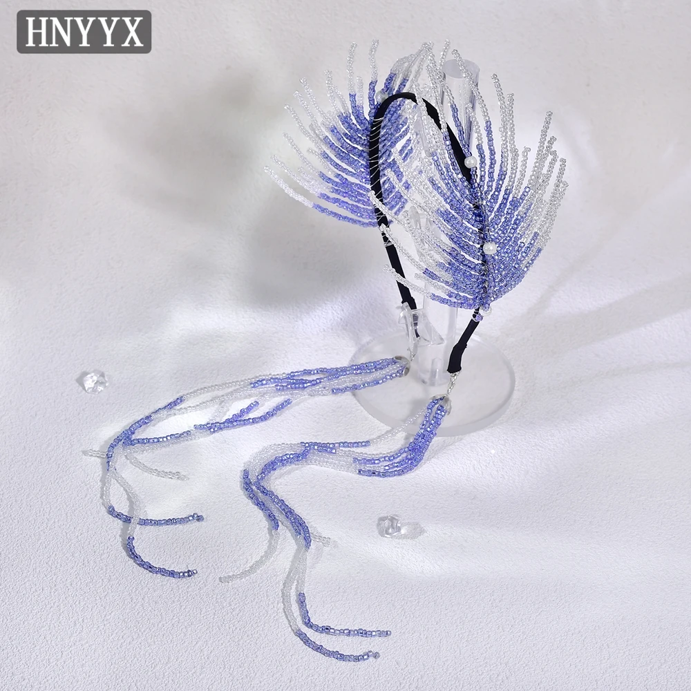 

HNYYX Detachable Long Tassel Headband Blue Feather Shaped Headwear Handmade Luxury Headdress Party Birthday Hair Accessories A70