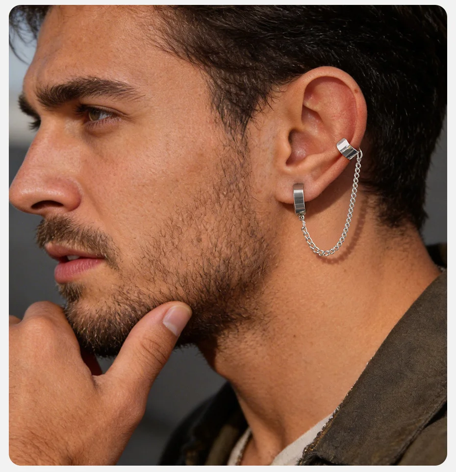 Vnox Edelstahl-Ohrringe mit geometrischer Kette für nicht durchbohrte oder durchstochene Ohren, silberfarbener Clip-On-Ohrmanschettenring, Unisex-Schmuck, neu – Detail 3