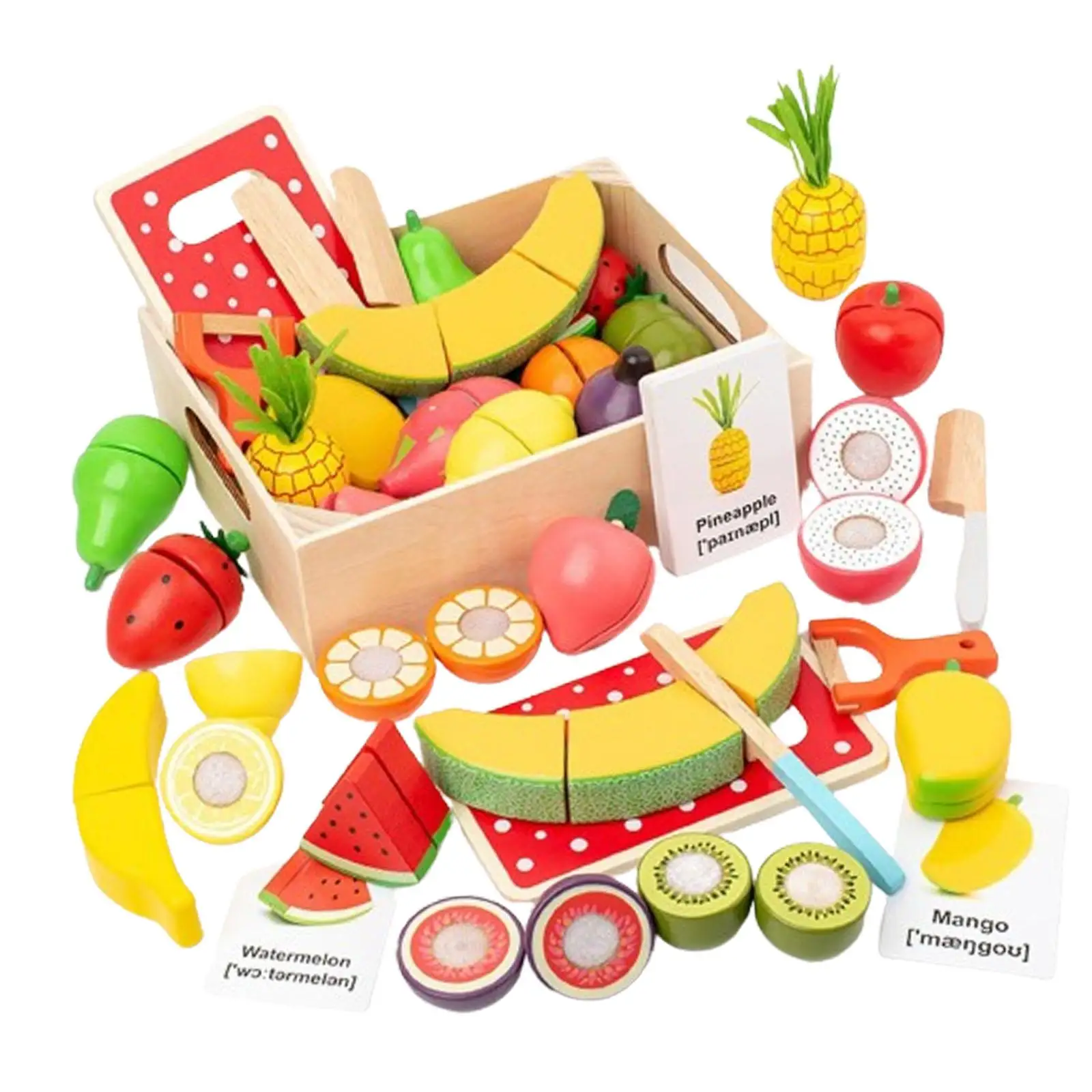 Juego de 19 piezas de cortar frutas y verduras, juego de regalo divertido para el desarrollo de habilidades básicas con caja de madera para niñas de 3 años o más