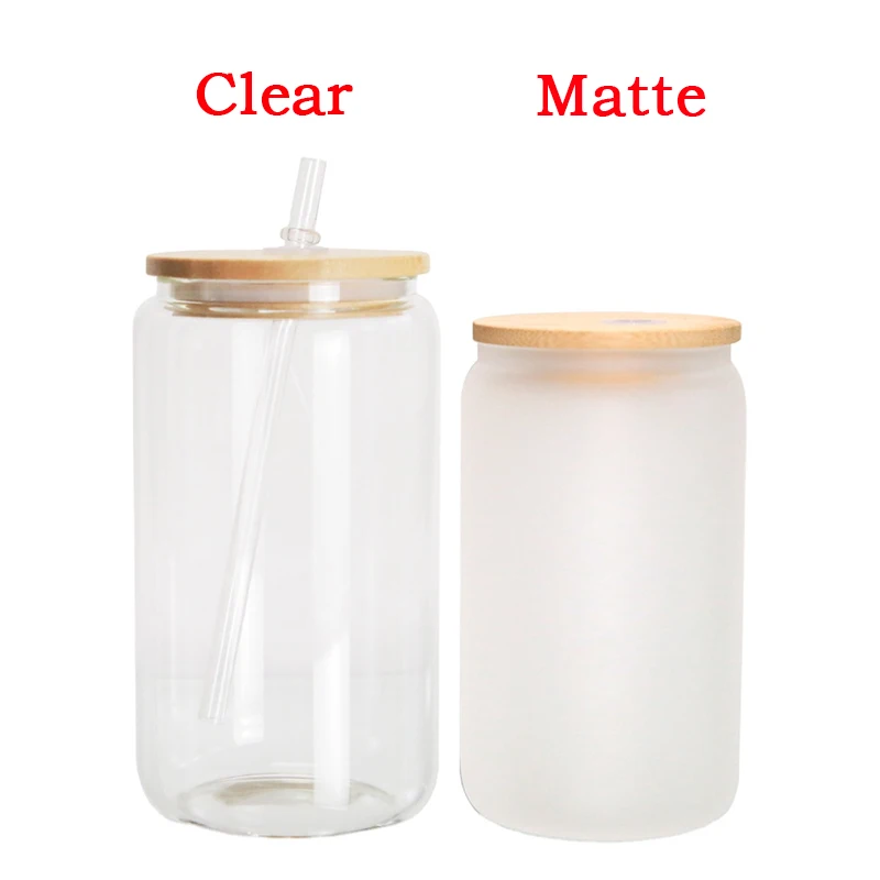 48pcs 16oz Sublimation Beer Can Glass Matte and Clear Coffee Cup Juices Cocktail Glasses with Bamboo Lid and Plastic Straw