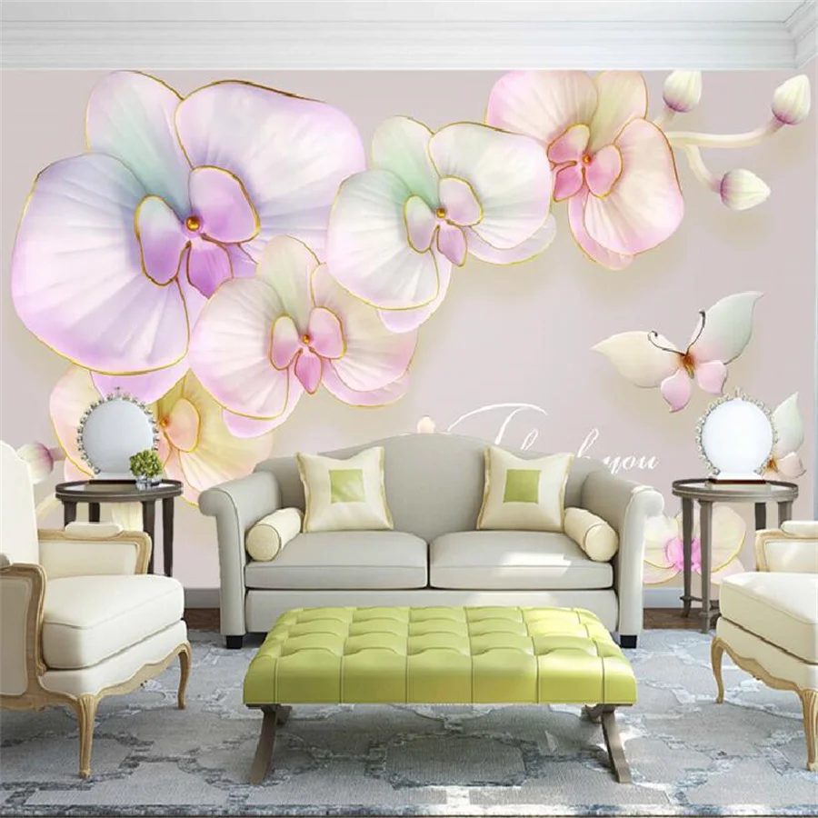 Customized fresh wallpaper, 3D relief butterfly orchid mural minimalist European style TV background wall living room decoration