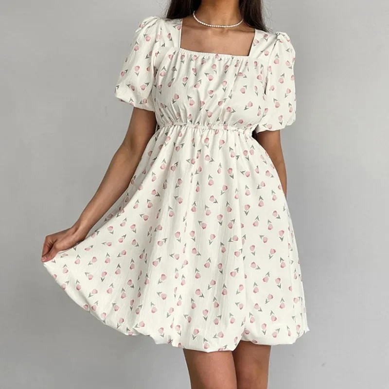 

French Women's Elegant Floral Printed Bubble Sleeve Casual Dresses New Fashion Women High Waist Square Neck Sweet A-line Dress