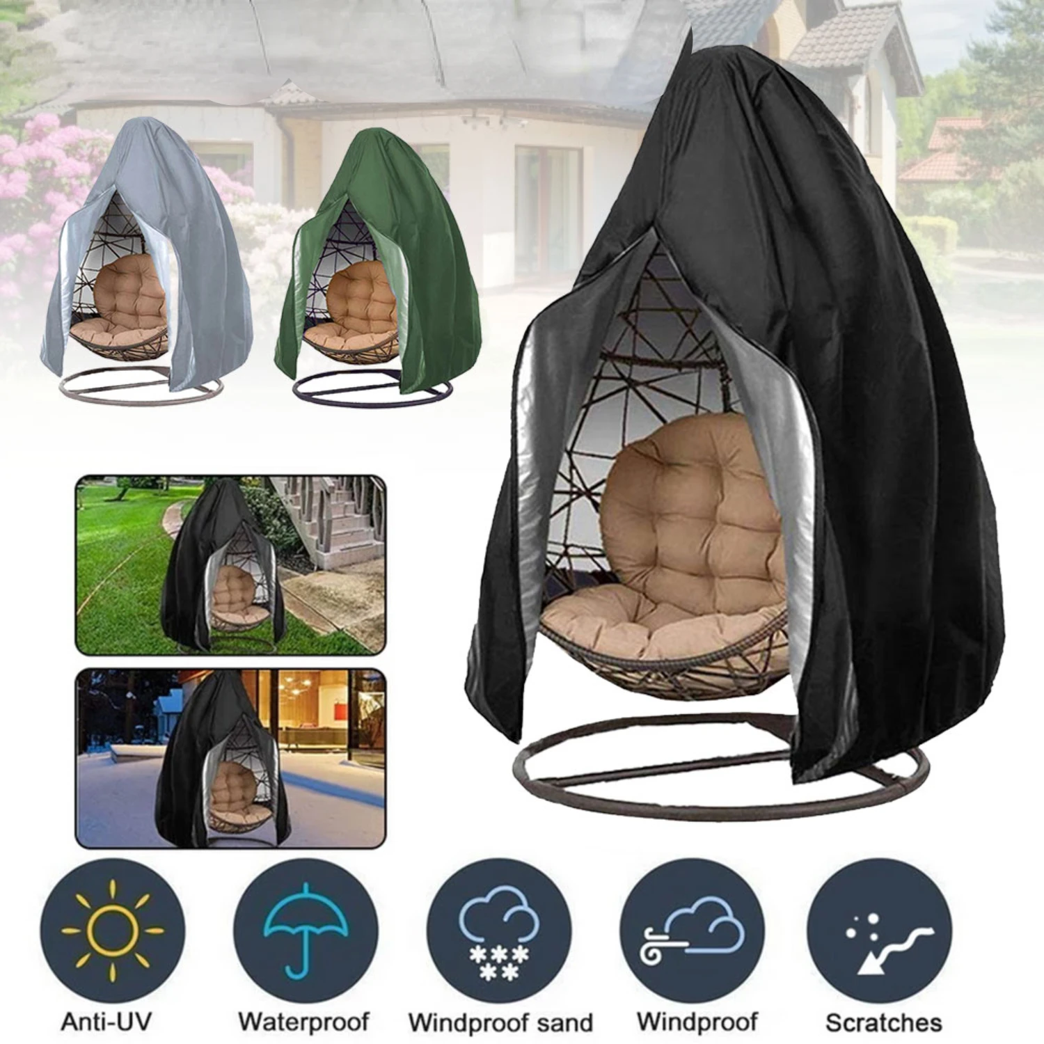 Durable, Sturdy Black Hanging Egg Swing Chair Cover for Ultimate Protection from Rain, Wind, and Sun - Long-Lasting, Weather-Res