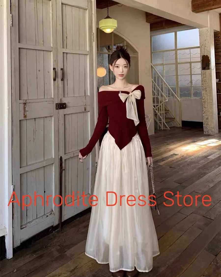 Customized Delicate Organza Off The Shoulder Bow Evening Dresses Temperament Long Sleeves Prom Dress Custom Made Party