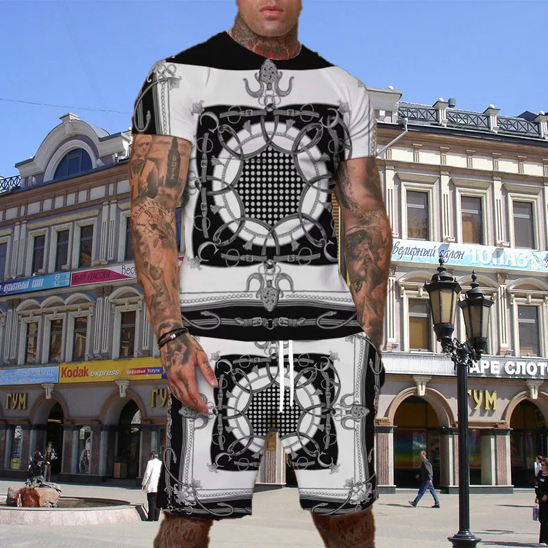 

2025 New Trend Black and White Color Scheme Men's Short-sleeved Shorts Suit Personalized Street Style Sports Fashion Casual Suit
