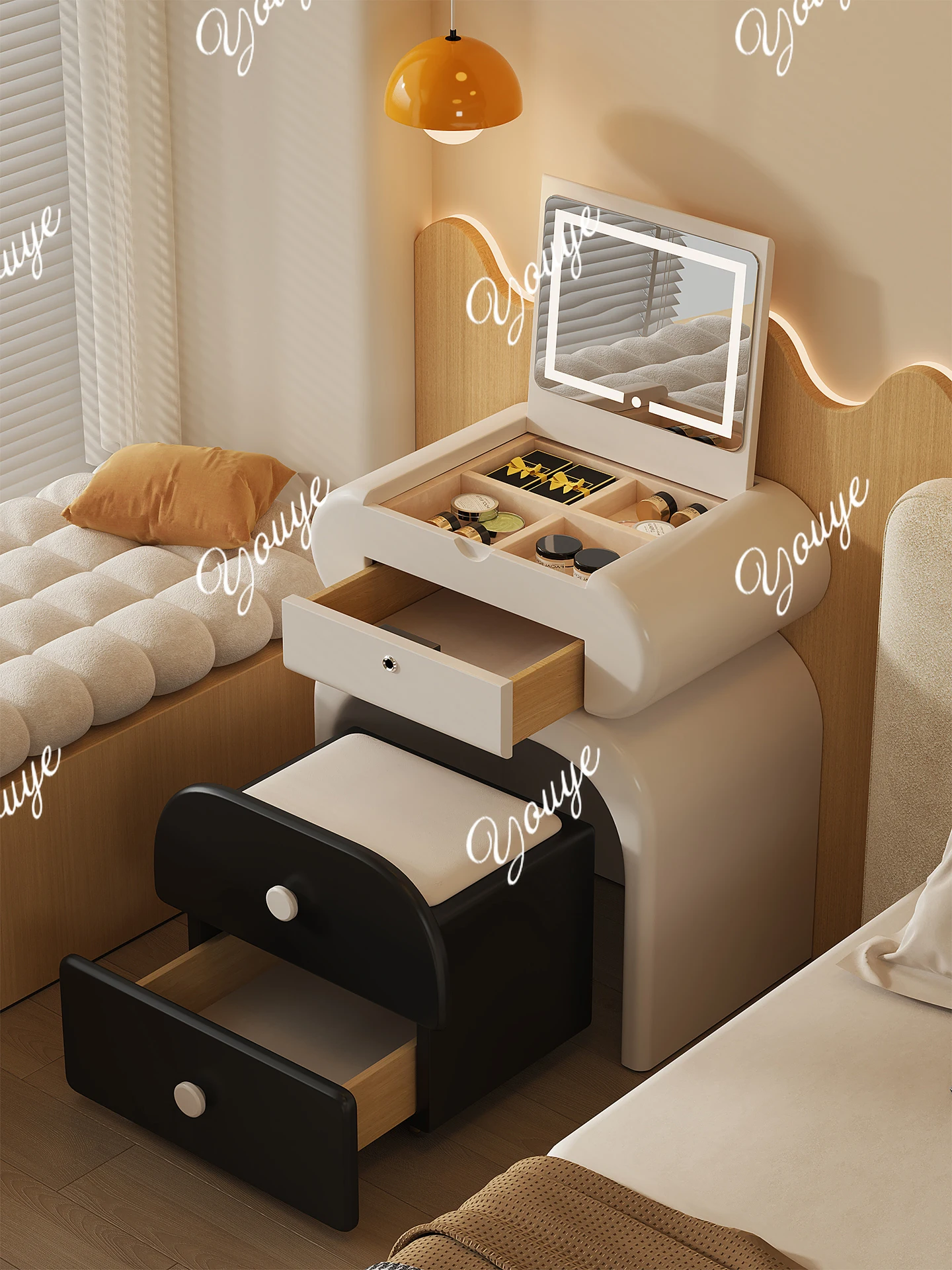 

Cream wind small apartment flip dresser bedside table bedroom premium solid wood cosmetic cabinet with stool drawer