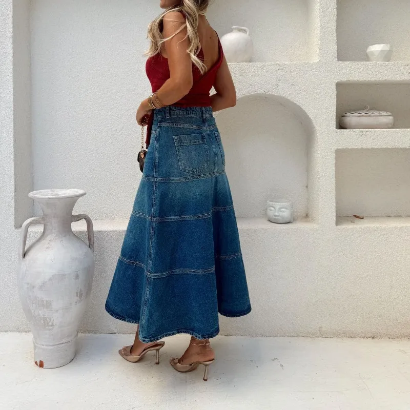 2026 Fashion Denim Skirt Women's Vintage Jean Maxi Skirts Spring Autumn High-waist Streetwear Lady Casual Big-hem A-line Skirts