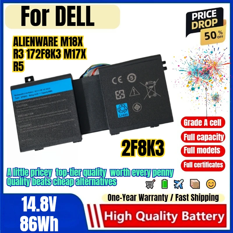 2F8K3 for DELL ALIENWARE M18X R3 172F8K3 M17X R5 Laptop Battery 0 Cycle  High Capacity Battery Replacement Bateria Grade A Cell