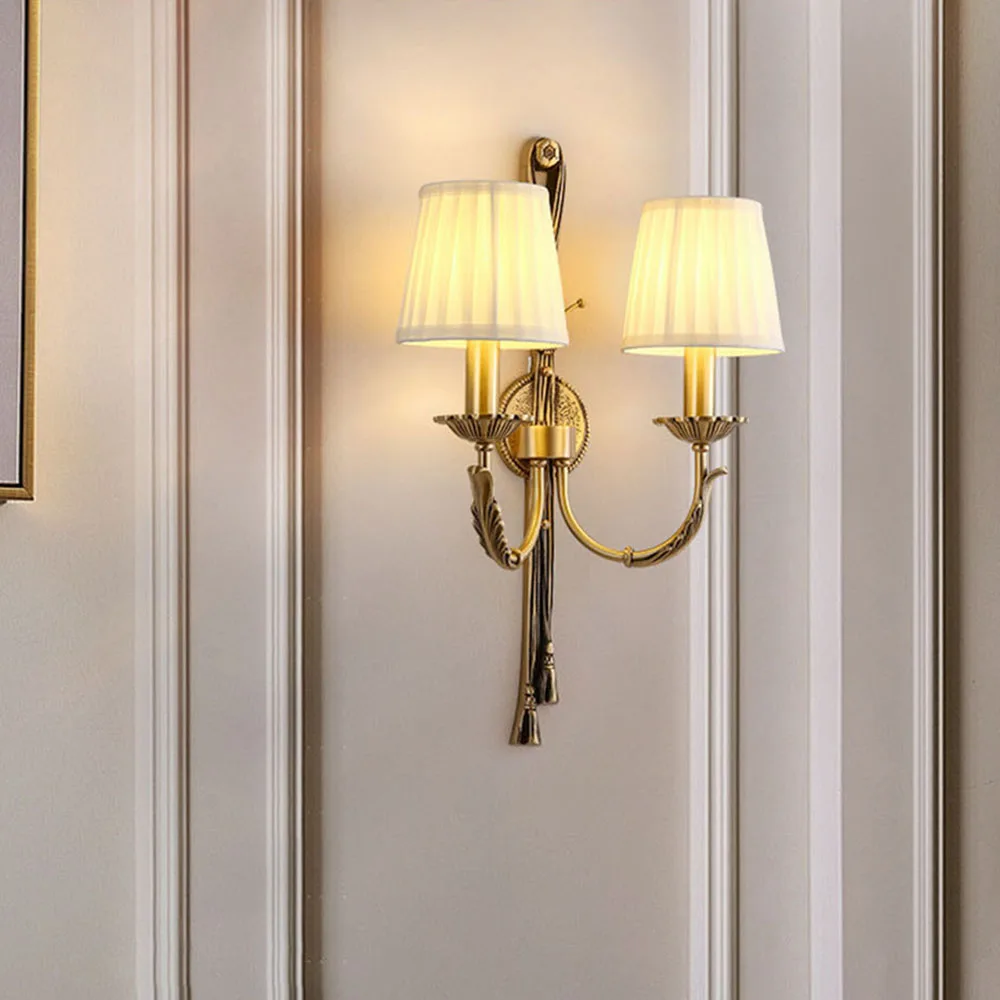 Simple Design Villa Atmosphere Bedroom Retro Living Room Copper Fabric Wall Lamp
