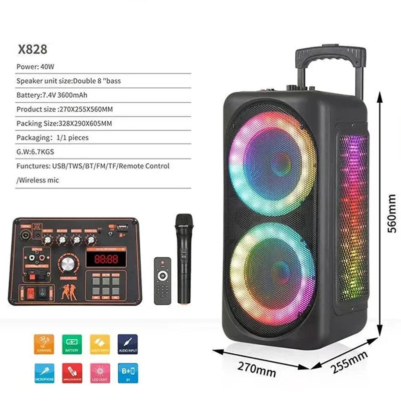 Soundbox portátil Bluetooth com microfone, caixa de som ao ar livre, luz LED, centro de música, praça, carrinho de dança, potência máxima, 6000W