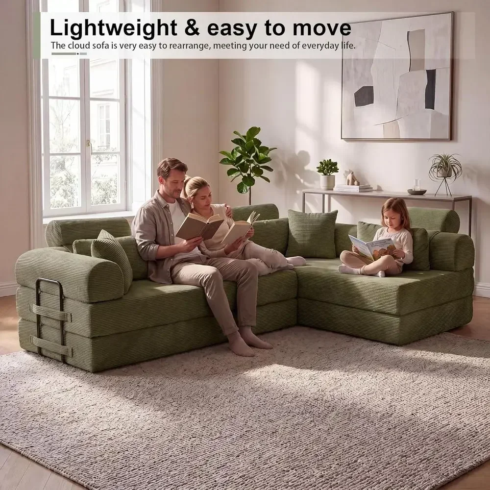 4-in-1 Convertible Corduroy Sleeper Sofa, L-Shaped Couch with Fixed-Shape, 3 Seater, Living Room Furniture (Light Green, 108 inc