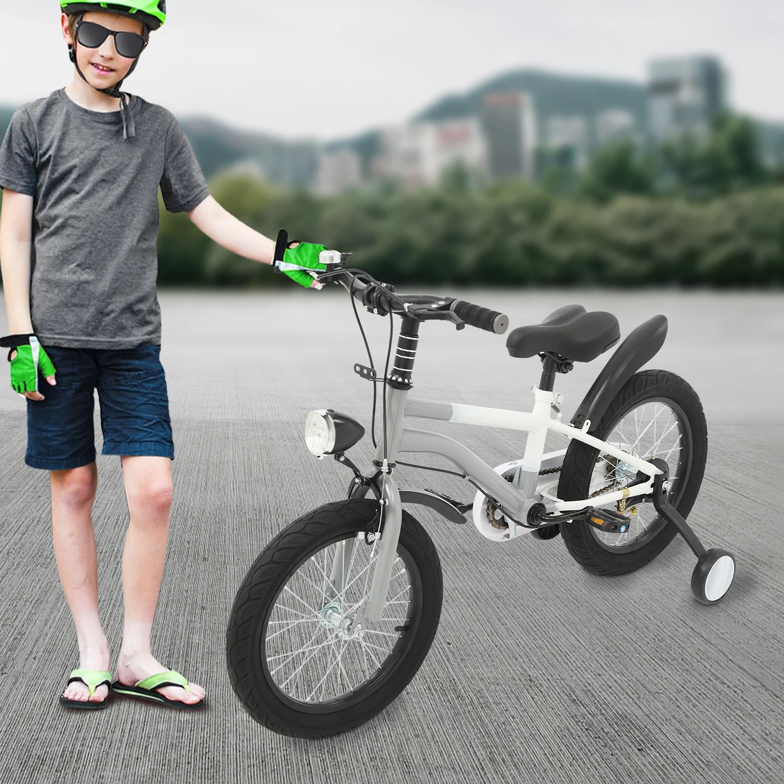 دراجة أطفال مقاس 16 بوصة، فرامل مزدوجة قابلة للتعديل، تحميل دراجة للأطفال 60 كجم مع عجلات تدريب + مصباح أمامي للأعمار من 5 إلى 8 سنوات (وردي/أخضر/رمادي)