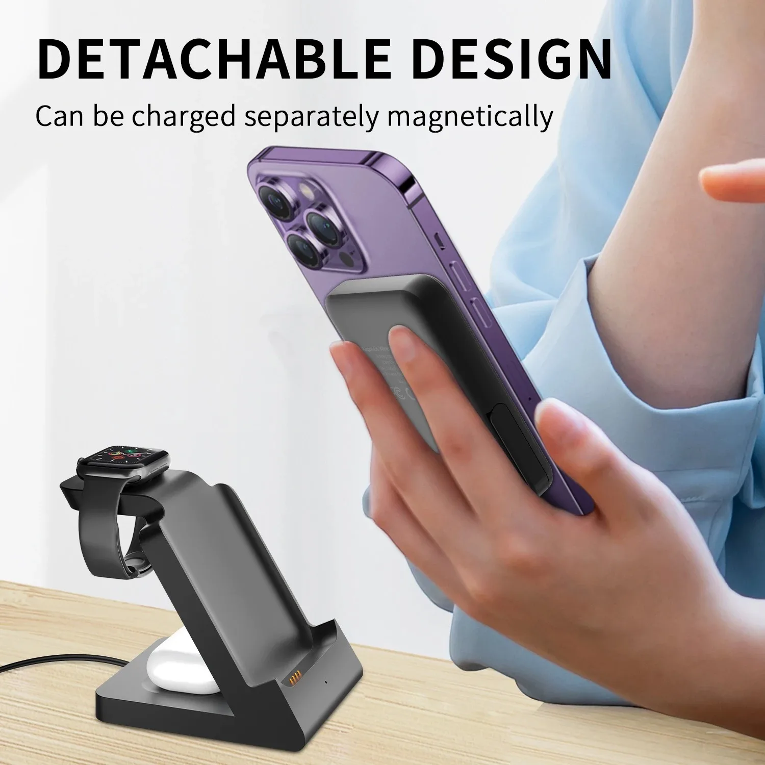 Detachable 3-in-1 Portable Magnetic Wireless Power Bank With Stand Multi-functional Mobile Power Bank Suitable For Iphone Iwatch