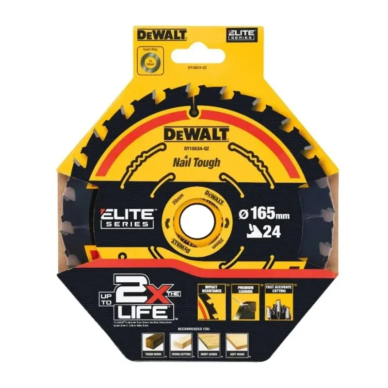 DEWALT Lame de scie à bois 24T 165 mm × 20 mm, accessoire de scie circulaire de construction DT10624-A9, durable