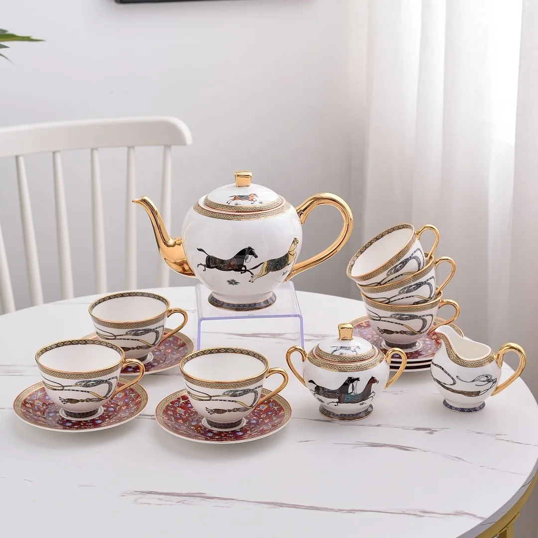 

High Quality Royal Luxury Coffee Cup Sets Gold Rim Hotel Reception 15-pcs Set Coffee Cup and Saucer