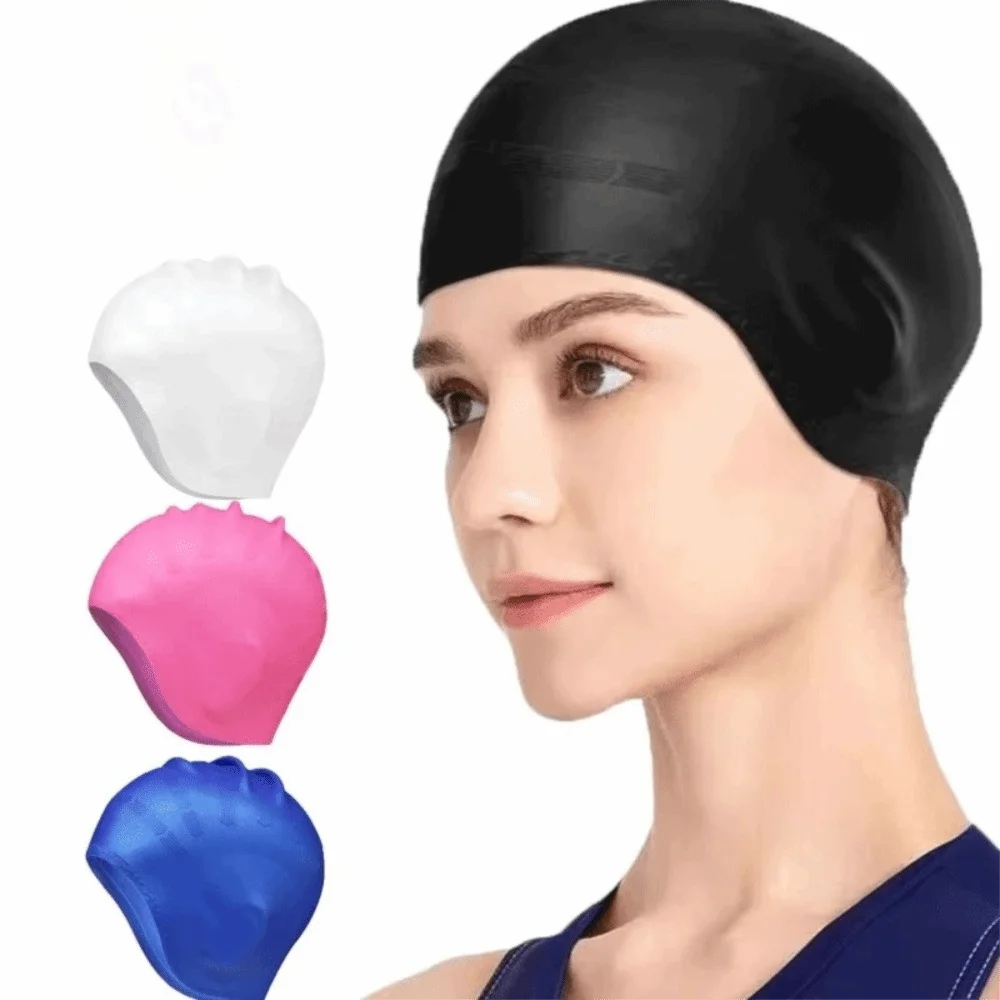 Diving Equipment Ear Pockets Silicone Swim Cap High Elasticity Waterproof Swimming Cap Ear Protection Large Size Swim Hat Boys