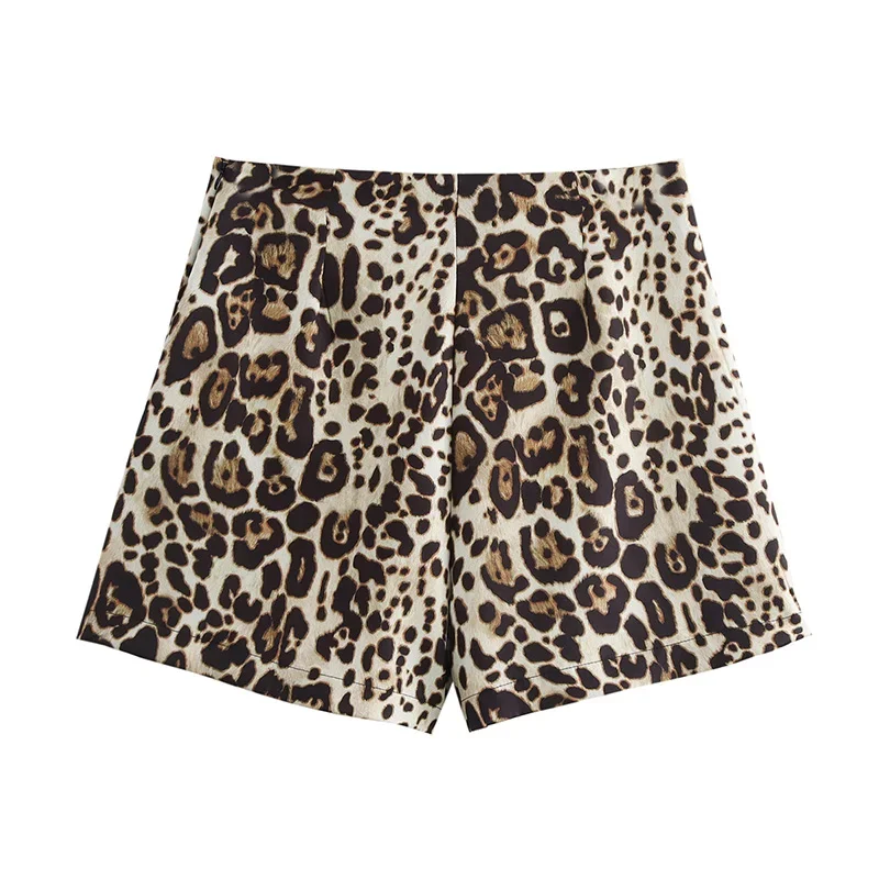 Women Fashion Leopard Printed Front Slit Side Zipper Mini Skirts Shorts Vintage High Waist Female Chic Lady Shorts