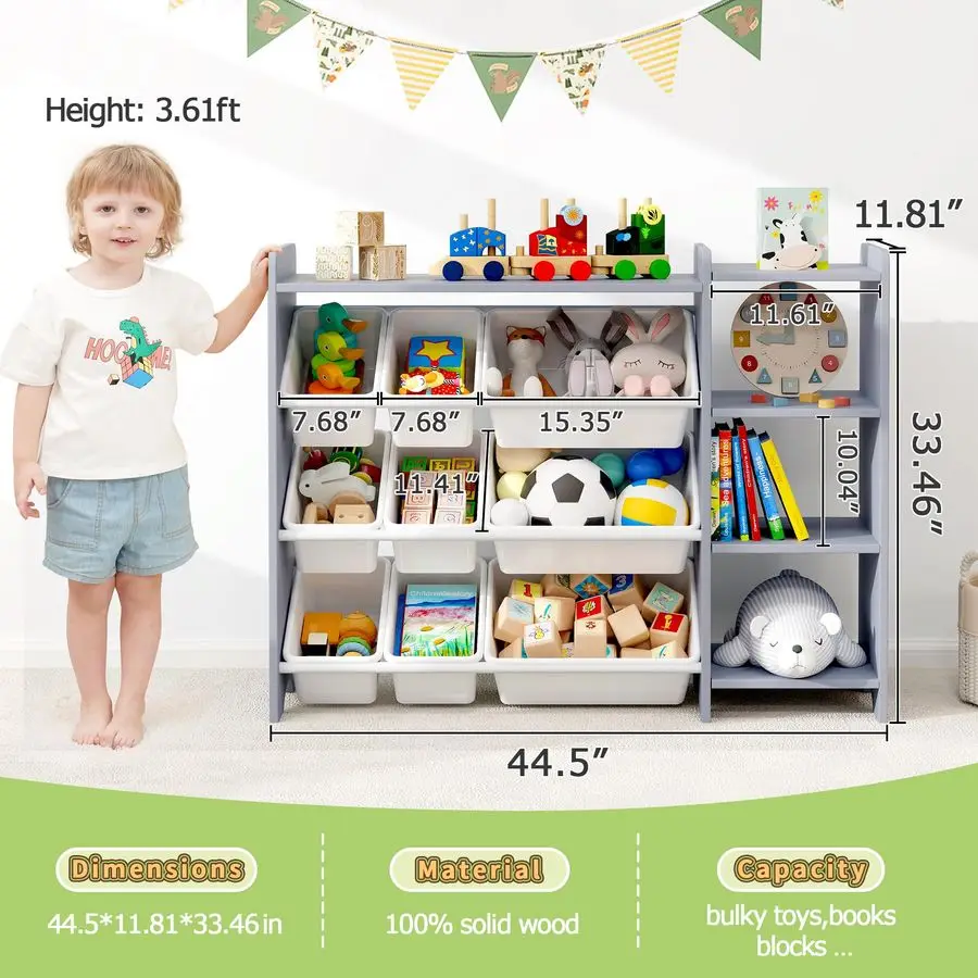 رف منظم لتخزين ألعاب الأطفال مكون من 4 طبقات، 100 خشب متين، خزانة تخزين للأطفال مع 9 صناديق بلاستيكية و3 منافذ تخزين رمادي فردي #3