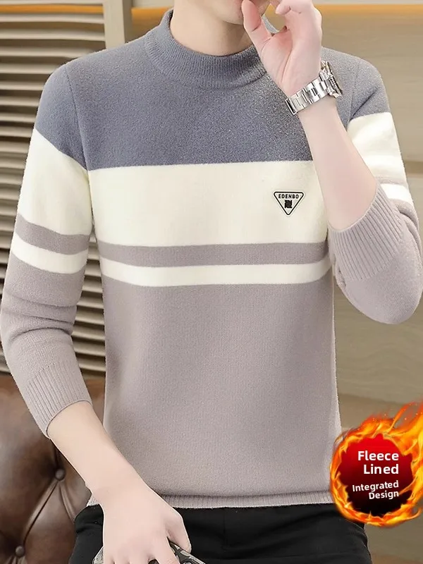

Men's Winter Fce Lined Knitted Sweater f High Collar Thi Warm Stripe Pattern Hooded Casual Sle Long Sv...