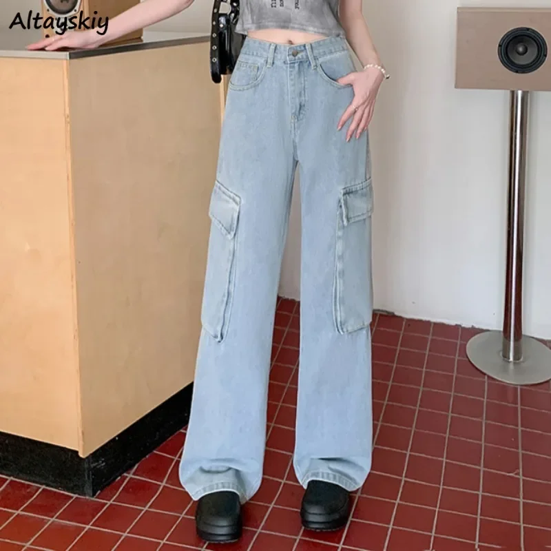 

Cargo Jeans for Women Pockets Fashion Washed Ins Korean Style New Spring Autumn Loose Straight High Waist Casual College Cool