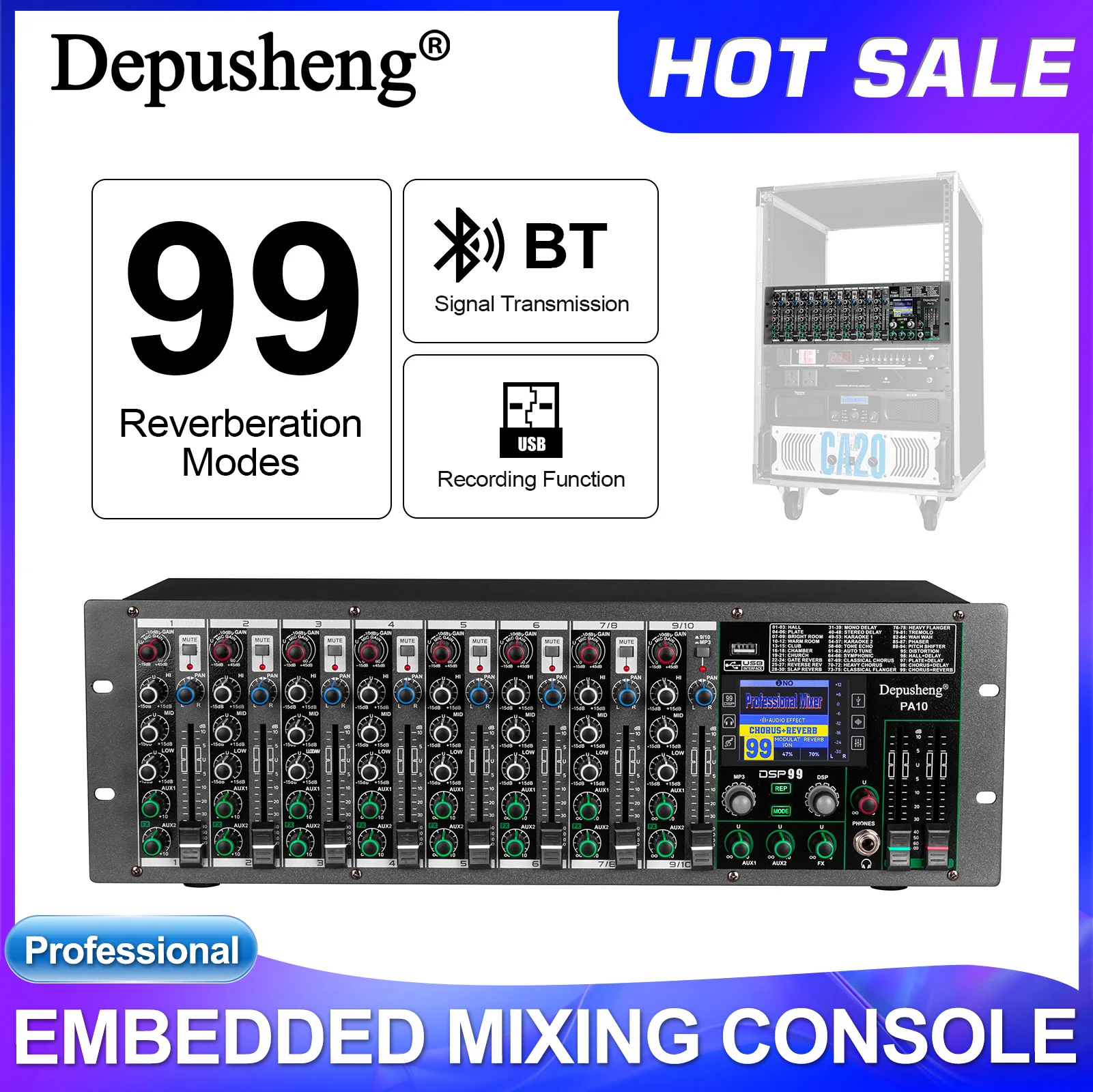 10-Channel Rack Mount Audio Mixer with Bluetooth/USB Recording, 99 DSP Reverb Effects, Wireless Transmission, Professional Stage