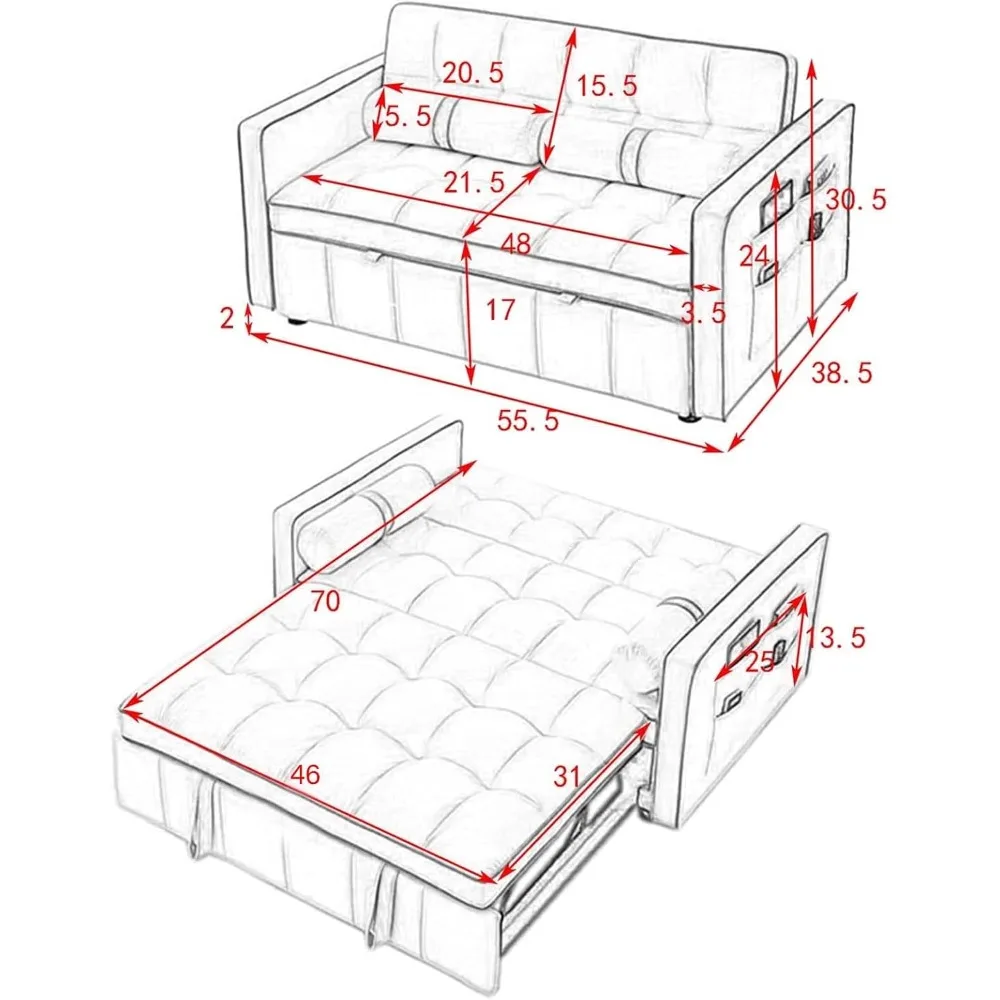 3 in 1 Sleeper Sofa Couch Bed, Small Tufted Velvet Convertible Loveseat Futon Sofa w/Pullout Bed, Adjustable Backrest