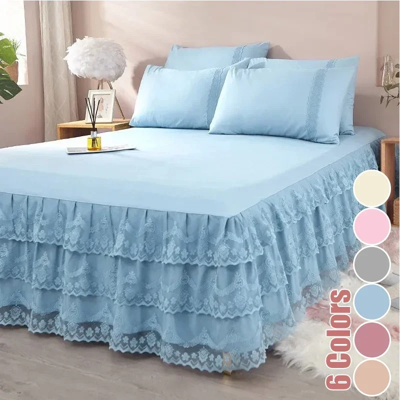 Luxury Lace Bed Skirt Summer Bedspread Solid Satin Rayon Bed Linen Couple Bedding Single Double Queen King Size Bed Sheet