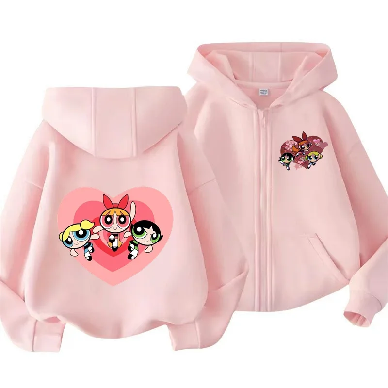 Kawaii anime Powerpuff ragazze camicia con cerniera con cappuccio cappotto sportivo ragazzi ragazze Chunqiu Harahara felpa con cappuccio Powerpuff