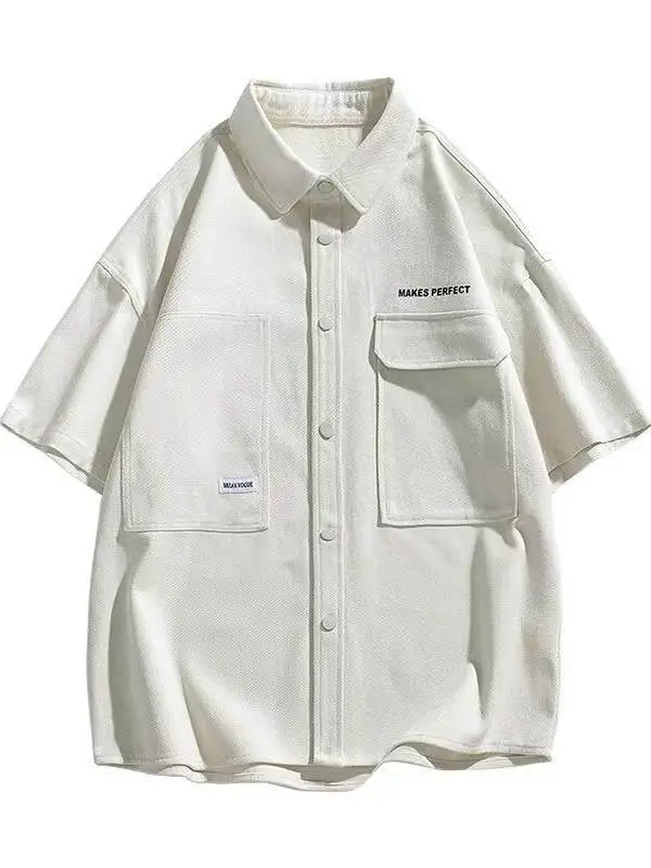 قميص رجالي صيفي رقيق بأكمام قصيرة من الحرير الصناعي، تصميم فضفاض، ملابس خارجية عصرية من البوليستر للشباب، ملابس عمل مريحة