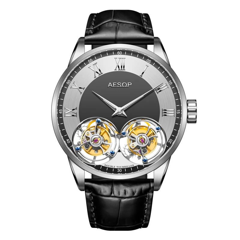 Aesop Double Tourbillon Mechanical Wristwatch for Men Sapphire Real Original Flying Tourbillon Mens Manual Movement Watches 7026