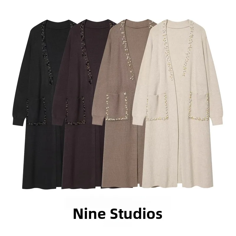

Elegant Pure Color Long Knitted Cardigan Coat with Bead Decoration Casual Versatile Women's Fashion European Style Summer 2026