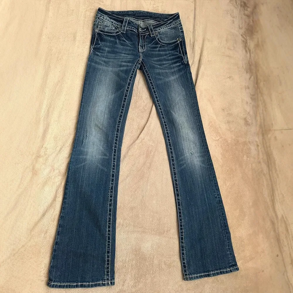 Low Waist Jeans Washed Finish Full Length Streetwear with Individual Streetwear Style Regular Thickness Flared Jeans Women Pants