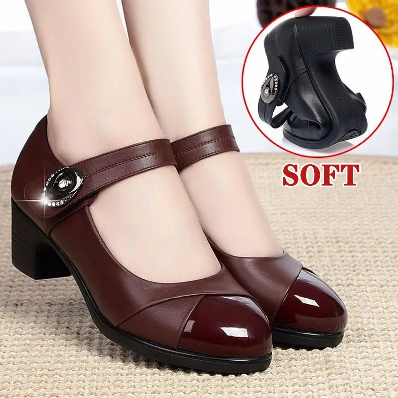 Seasons New Women\'s High Heels Fashion Round Toe Shallow Hook & Loop Pumps Soft Bottom Block Heel Middle-aged Mom Leather Shoes