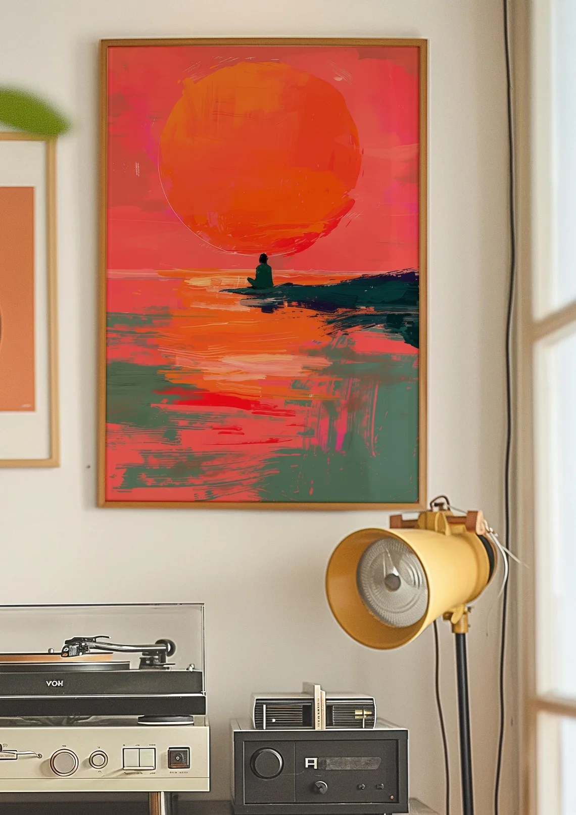 Impresión Decorativa de Pared con Atardecer Rojo Intenso - Pintura al Óleo Impasto Audaz de una Figura Solitaria al Atardecer, Arte Abstracto Moderno de Paisaje Marino