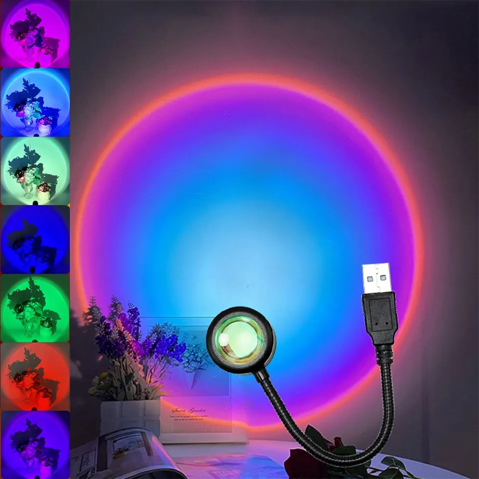 USB Sunset Projector Lamp Rainbow Atmosphere Night Light 14 Modes For Bedroom Room Decor Decoration Background Wall Table Lamps