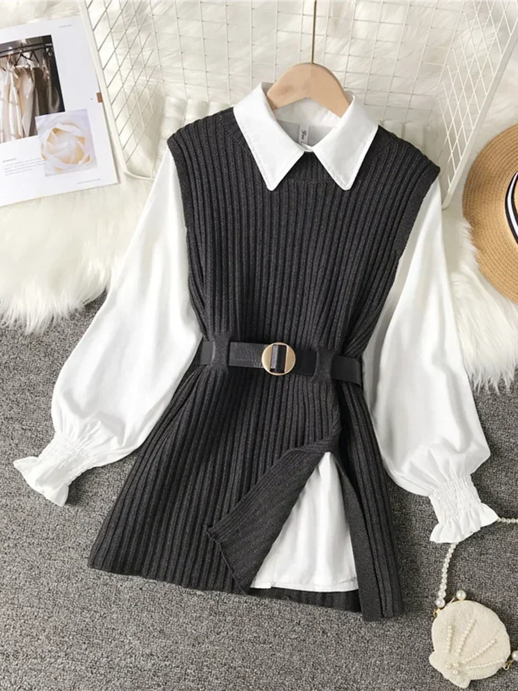 2024 New Autumn Fashion Chic Lace Up Waist Closing Knitting Vests + Lapel White Casual Long Sleeve Shirts Female SM1747