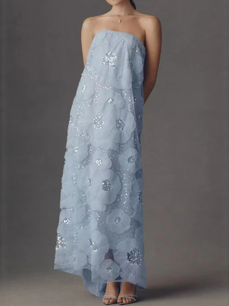 Women Sexy Strapless Hight Waist Loose Long Dress Fashion Luxury Solid Party Gowns Elegant Flower Beading Sequined Banquet Dress