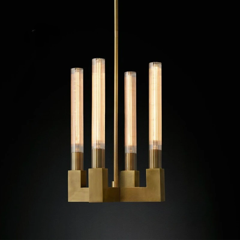 

RH American all-copper chandelier post-modern light luxury living room dining room glass chandelier advanced sense square art