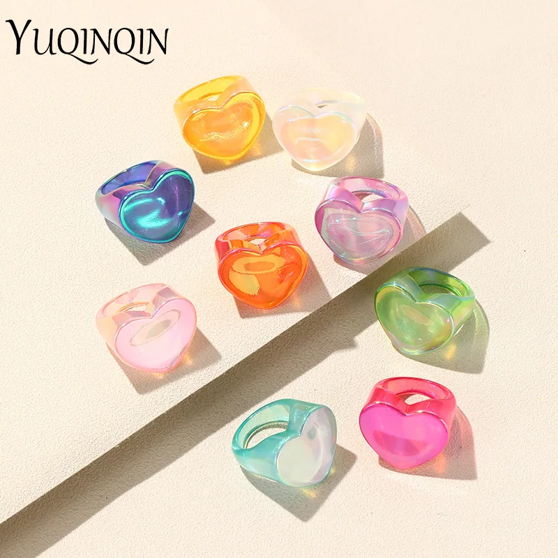 New Korean Heart Colorful Acrylic Gothic Rings Set For Women Big Kpop Finger Rings For Girls Punk Party Fashion Jewelry Simple