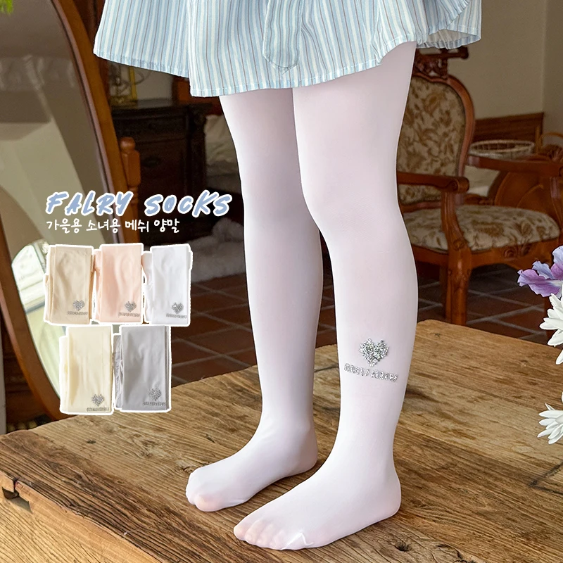 Sweet Cute Kids Heart Letter Shiny Rhinestone Anti-Snagging Footed Tights Lightweight Skin-Friendly High Elastic Socks Pantyhose