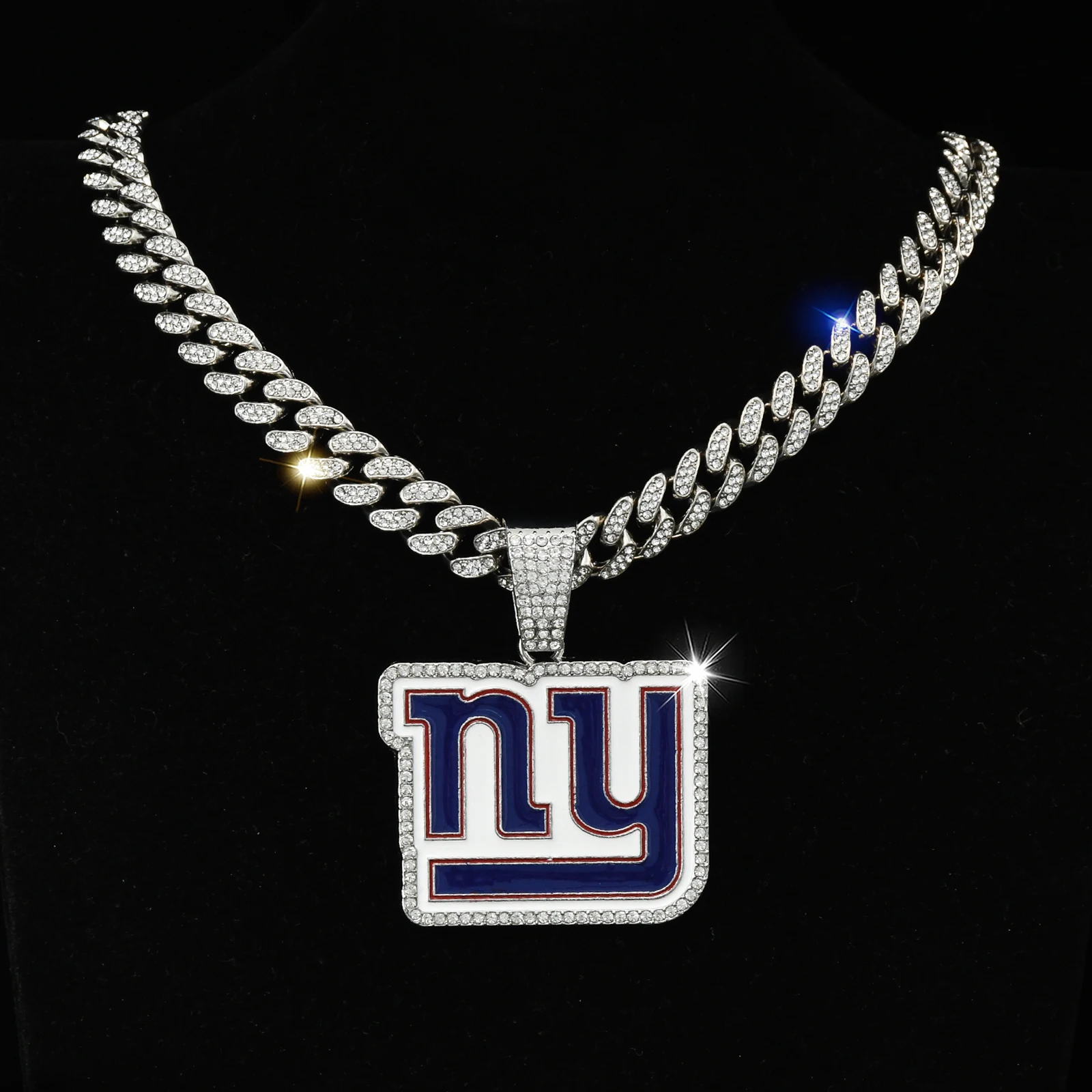 Letter NY Named Giants Football Team Logo Pendant Necklace with Full Rhinestone Cuban Chain Sport Jewelry for Men