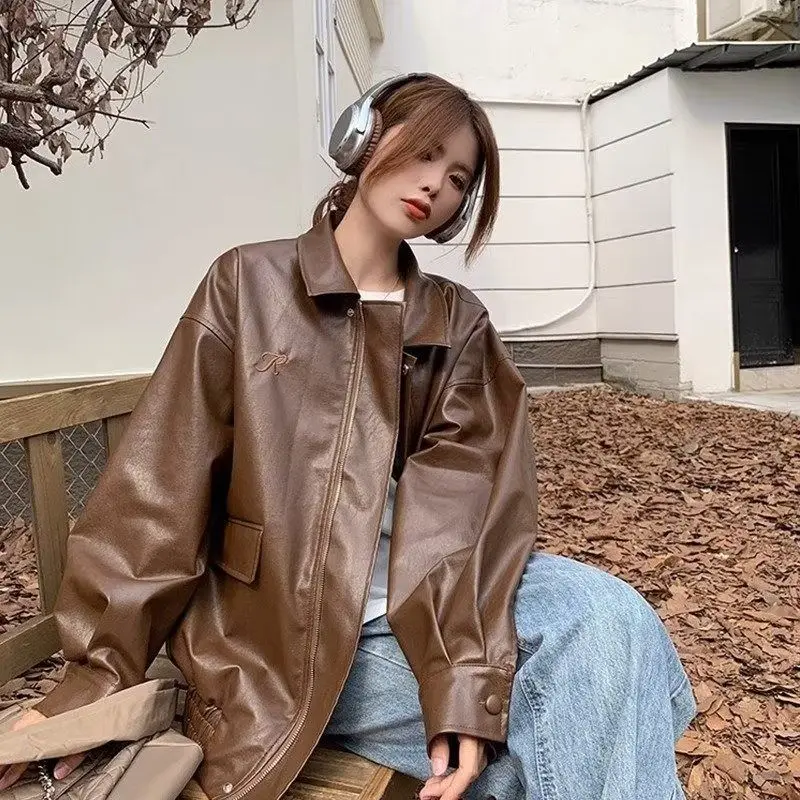 

Уличное мотоциклетное кожаное пальто-джат, повседневное деловое пальто ранней осени, женская модель Harajuku, кожаное пальто