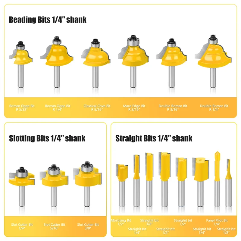 VELIF-35Pcs 1/4In Shank Router Bit Set Straight Slotting Beading Bits Woodworking Milling Cutters Engraving Cutting Tools