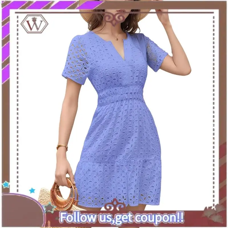 

A95D-Women's Summer Short Sleeve Mini Dress V Neck Cutout Eyelet High Waist A-Line Hem Short Party Dress