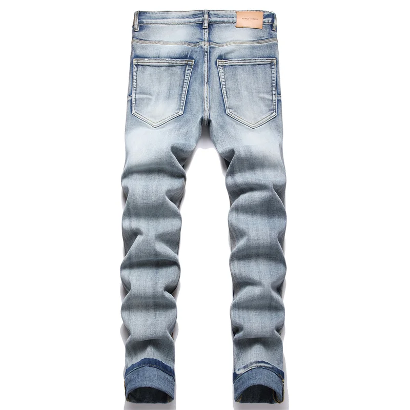 Y2K jeans personalized fashion street holes paint retro blue heavy craft Slim micro-stretch small straight men's jeans